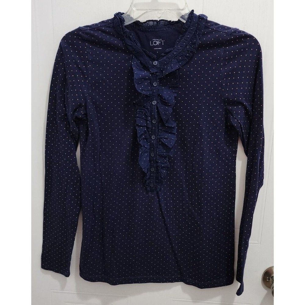 LOFT Women's Long Sleeve Half Button Ruffle Neck Top Blue/Pink Polka Dots Size S